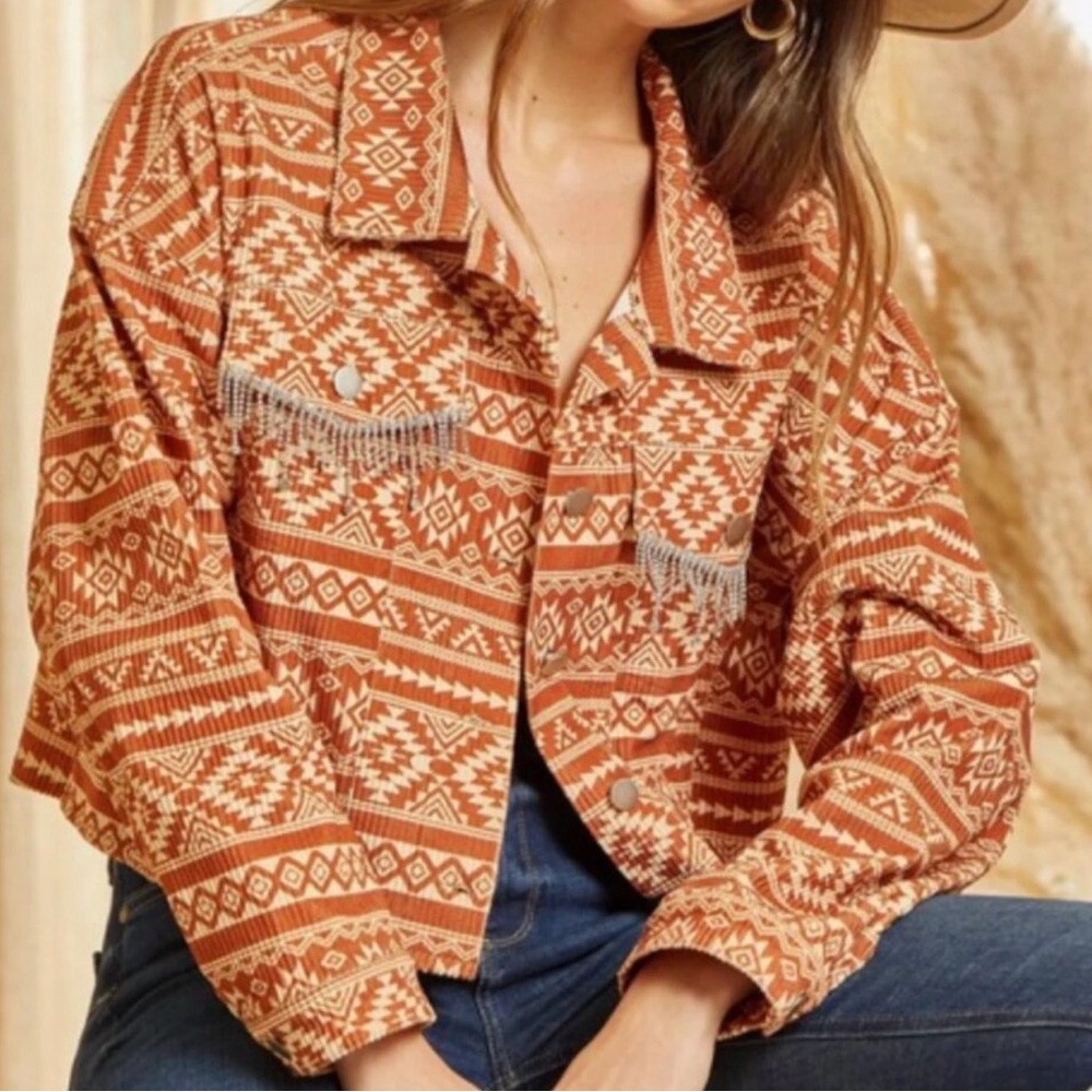 Savannah Jane  Orange and Cream Aztec Patterned  Bling Jean Jacket - Picture 4 of 7